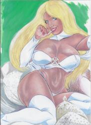 blonde_hair blue_eyes cleavage curvy curvy_female emma_frost female female_only hellfire_club large_breasts lingerie marvel marvel_comics rai_gomes tanned thick thick_thighs tramastudio white_queen wide_hips x-men