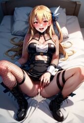 ai_generated alisa_reinford black_dress blonde_hair cum_inside long_hair oozing_cum pulling_up_dress red_eyes showing_off trails_of_cold_steel wrist_cuffs