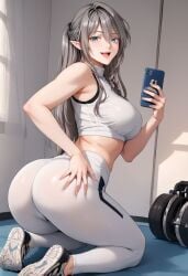 ai_generated crop_top elf elf_ears fit fitness green_eyes gym gym_uniform hentai leggings photo silver_hair tbate tessia_eralith the_beginning_after_the_end white_hair yoga_pants