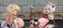 2girls animated bimbo dsl female_only genshin_impact huge_breasts lumine_(genshin_impact) multiple_girls noelle_(genshin_impact) temogam