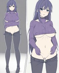 ai_generated cameltoe exposed_breasts exposed_pussy flashing flashing_breasts flashing_pussy frown mad nipples original original_character purple_clothing purple_hair upset