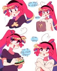 bag blush blushing breasts burger eyes female girl lee_(secretnarcissist) lettuce long_hair mcdonald's meat mouth necklace no_bra no_shirt nose red_eyes red_hair secretnarcissist shirt small_breasts speech_bubble stain surprised text white_background woman