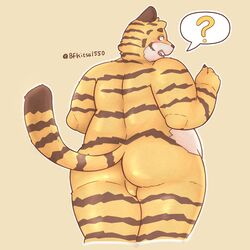 1:1 ? anthro ass backsack balls bfkitsu1550 blush brown_eyes brown_fur clothing felid fur hi_res looking_back male male_only mammal nude obese orange_fur overweight pantherine solo tiger