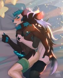 0s_d0k anal anal_sex animal_genitalia animal_penis anthro anthro_on_anthro anthro_penetrated anthro_penetrating anthro_penetrating_anthro ass black_spots blue_hair blue_pawpads bodily_fluids butt_grab canine_genitalia canine_penis cheek_lick chin_tuft closed_eyes clothed clothing dripping duo erection face_lick facial_tuft forked_tongue freckles from_behind_position fur genital_fluids genitals hair hand_on_butt handjob_while_penetrating hi_res hyena licking long_hair looking_pleasured male male/male male_penetrated male_penetrating male_penetrating_male mammal markings mastectomy_scar navel navel_piercing open_mouth partially_clothed pawpads paws penetration penile penile_penetration penis penis_in_ass piercing precum precum_drip precum_string reach_around scar sex spoon_position spots spotted_body spotted_fur spotted_hyena spotted_markings tan_body tan_fur tongue tuft underwear underwear_down white_hair