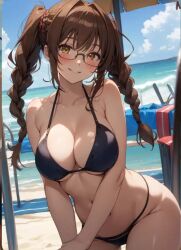 ai_generated beach_towel beach_umbrella bikini_only black_bikini black_bikini_bottom black_bikini_top blush braided braided_hair braided_twintails cleavage glasses happy high_school_dxd high_tide in_love kiryuu_aika large_breasts laughing long_bangs nipple_bulge ocean ocean_background over_the_shoulder side_bangs smile sunlight tight_fit waves yellow_eyes