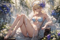 1girls aged_up ai_generated aura_bella_fiora blonde_hair blue_eyes bra dolph_(artist) earrings elf elf_ears elf_female female female_only flowers flowers_on_head medium_breasts necklace overlord_(maruyama) panties see-through short_hair solo