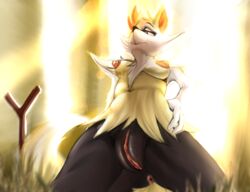 1girls 2019 3_fingers anthro anus areolae belly big_nipples black_fur black_nose braixen breasts canine chest_tuft clitoris detailed_background ear_tuft female fox fur grass half-closed_eyes hand_on_hips humanoid_pussy kneeling navel nintendo nipples nude outdoors outside pokémon_(species) pokemon pokemon_(species) pokemon_xy presenting presenting_pussy pussy red_eyes red_fur sapple solo source_request spread_legs stick tail thick_thighs tuft video_games white_fur yellow_fur