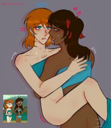 2girls after_kiss blush brown_hair chocolate_and_vanilla disventure_camp ellie_(disventure_camp) female gabby_(disventure_camp) implied_tribadism interracial long_hair multiple_girls orange_hair penetration planet_mon standing_tribadism swimsuit tribadism yuri