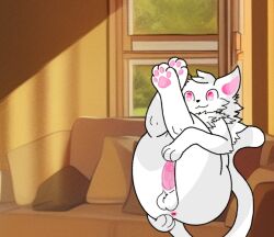 ai_background domestic_cat feline male male_only pawpads pink_eyes presenting_anus solo spread_legs tagme tapering_penis white_fur