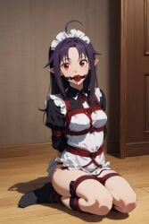 ai_generated ball_gag blush bondage elf gag gagged harness konno_yuuki looking_at_viewer maid maid_outfit maid_uniform on_knees purple_hair red_eyes red_rope rope rope_bondage rope_harness sword_art_online tied_up