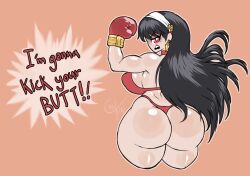 1girls ass big_ass big_breasts black_hair boxing_gloves breasts chikin_(artist) english english_text fat_ass female female_only flexing flexing_bicep gloves huge_ass huge_breasts large_ass large_breasts long_hair looking_at_viewer looking_back red_boxing_gloves red_eyes red_gloves sideboob solo solo_female solo_focus spy_x_family text thick thick_ass thick_thighs thighs threatening threatening_viewer yor_briar yor_forger