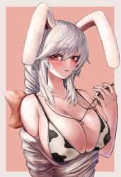 1girls amber_eyes big_breasts bikini bikini_top black_souls black_souls_2 blush bottomless breasts cow_print cow_print_bikini female female_only long_hair looking_at_viewer node_(black_souls) open_mouth partially_clothed pigtail pocket_watch rabbit_ears rabbit_girl red_ribbon ropeperson simple_background white_hair white_rabbit