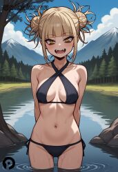 :d ai_generated arms_behind_back ass_visible_through_thighs bangs bare_shoulders bikini black_bikini blonde_hair blue_sky blunt_bangs blush boku_no_hero_academia breasts cloud collarbone criss-cross_halter day double_bun fangs female forest groin hair_bun halterneck himiko_toga lake looking_at_viewer medium_breasts messy_hair mountain my_hero_academia nature navel open_mouth outdoors pikkiwynn short_hair side-tie_bikini_bottom sidelocks sky slit_pupils smile solo standing stomach swimsuit teeth thigh_gap toga_himiko tree wading water wet yellow_eyes