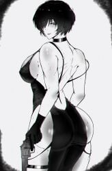 anime ass big_ass big_butt black_dress black_hair blush choker clothing female firearm gloves gun handgun horny human jujutsu_kaisen lingerie looking_at_viewer looking_back manga masoq095 nipples pale_skin revolver sweat weapon zenin_mai