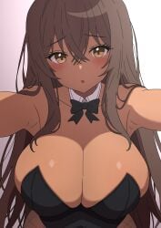 1girls :o ai_generated blush brown_eyes brown_hair bunny_ears bunnysuit cleavage close-up dark-skinned_female dark_skin female_only goddess_of_victory:_nikke huge_breasts long_hair looking_at_viewer noir_(nikke) open_mouth upper_body white_background