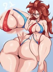 1girls android android_21 android_21_(human) ass belly_button big_ass big_breasts bikini bikini_bottom bikini_top breasts daf_n_half dragon_ball dragon_ball_fighterz dragon_ball_z female looking_at_viewer muscular_arms muscular_female muscular_legs muscular_thighs navel swimsuit swimwear thong vomi_(dragon_ball)