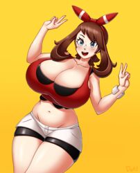 1girls alternate_breast_size armpits bandana bare_shoulders belly blue_eyes bow bracelet breasts brown_hair busty cleavage clothed dotil female female_only huge_breasts human human_only may_(pokemon) may_(pokemon_oras) midriff navel open_mouth orange_background pokemon pokemon_oras shirt short_hair shorts sideboob smile spread_arms standing teeth text thick_thighs tongue v watermark wide_hips yellow_background