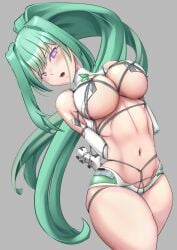 2d 2d_(artwork) arms_behind_back bare_midriff bare_shoulders big_breasts blush bondage bound cleavage digitalfragment female female_only femsub fully_clothed goddess green_hair green_heart light-skinned_female long_hair neptunia_(series) open_mouth partially_clothed ponytail purple_eyes restrained revealing_clothes rope simple_background skimpy_clothes skin_tight solo thick_thighs tied_up tight_clothing underboob vert