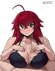 1boy ahoge black_bra blue_eyes blush bra breasts breasts_squeezed_together censored cleavage donburi_(donburikazoku) female hair_between_eyes high_school_dxd highres huge_ahoge huge_breasts large_breasts long_hair looking_at_viewer mosaic_censoring paizuri penis pov red_hair rias_gremory smile solo_focus straddling_paizuri straight sweat underwear upper_body very_long_hair