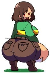 1girls ass ass_focus big_ass big_butt butt_focus chara fat_ass female female_only grass jutsapostion red_eyes smile solo squatting squatting_female squatting_position undertale undertale_(series)