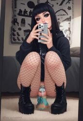 1boy ai_generated anal bedroom big_dildo black_boots black_clothing black_hair black_makeup chastity chastity_cage chastity_device cum cum_drip dildo femboy fishnets flat_chastity_cage fringe goth goth_boots goth_femboy gothic hoodie male male_only precum secretivethoughts_(artist) selfie sex_toy small_balls small_penis solo tentacle_dildo tiny_penis trap