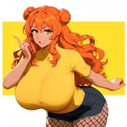 1girls ai_generated bent_over breasts dark-skinned_female denim_shorts fishnets huge_breasts mature_female oc orange_hair original_character rac3rrr shorts solo