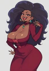 ai_generated breasts breasts_out clothing dark-skinned_female dark_skin ear_piercing fangs female female_only looking_at_viewer milf nipples ok_k.o.!_let's_be_heroes vampire vampire_girl wilhamena