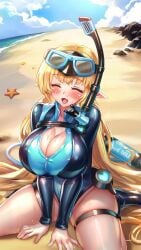 astarte_(project_qt) blonde_hair elf_girl huge_breasts long_hair nutaku on_knees open_mouth project_qt smile swimsuit thick_thighs