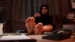 1girls barefoot big_feet black_hair brown_eyes dark-skinned_female earring feet feet_on_table feet_up foot_fetish long_hair long_legs long_nails long_toenails long_toes looking_at_viewer meaty_soles nail_polish nails overwatch overwatch_2 pharah pink_nails presenting_feet propor_(artist) soles solo solo_female sweaty_feet tan_skin tanned_female toenails toes wrinkled_feet wrinkled_soles