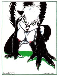 1990s 1997 20th_century absurdres anthro black_fur black_nose breasts claws female fur furry green_eyes highres james_m_hardiman lori_(jmh) mammal mephitid nipples nude pussy simple_background skunk solo white_background white_fur white_hair