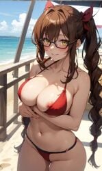 ai_generated blush blushing body_language bow_in_hair braided_hair braided_twintails embarrassed glasses grasping_hands high_school_dxd huge_breasts kiryuu_aika nervous nervous_face nervous_movement nervous_smile nipple_bulge nipple_out nipple_slip red_bikini red_bikini_bottom red_bikini_top red_inner_hair ribbon_in_hair smile squeezing_hand thin_bikini twintails yellow_eyes