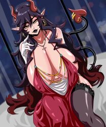 black_hair black_lipstick huge_breasts mistressm red_dress succubus succubus_horns succubus_tail tagme