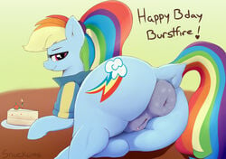 anus ass cake clothing dialogue dock donut_anus earth_pony english_text equid equine female feral food friendship_is_magic horse huge_anus mammal my_little_pony pony pussy rainbow_dash_(mlp) simple_background smile snuckums solo text