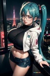 abdomen abdominals ai_generated belly_button big_breasts blue_eyes blue_hair breasts building buildings city city_background covered_breasts cowboy_shot cute fake_breasts female female_focus female_only firm_breasts from_above glasses glasses_only hair hair_between_eyes hatsune_miku high_resolution highres hood_down hourglass_figure huge_breasts jacket jacket_open large_breasts light light-skinned light-skinned_female light_blue_hair light_body light_skin lighting lips lipstick long_hair long_sleeves looking_at_another midriff nails_painted navel night night_sky pose posing posing_for_picture posing_for_the_viewer round_breasts round_glasses seducing seduction seductive seductive_body seductive_gaze seductive_look seductive_mouth seductive_pose seductive_smile shiny shiny_clothes shiny_hair shiny_skin shirt short_shorts sky4maleja slim_waist smile smile_at_viewer smiley_face teeth thighs tight_clothes tight_clothing tight_shirt tight_shorts twintails very_long_hair waist watermark window
