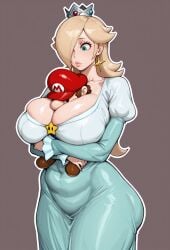 1boy ai_generated between_breasts blonde_hair blue_dress blue_eyes breasts cleavage collarbone covered_navel crown dress earrings female hair_over_one_eye hat hug huge_breasts jewelry lips long_dress long_hair long_sleeves looking_down mario_(series) princess_rosalina puffy_sleeves red_headwear sasakinsfw simple_background size_difference star_earrings star_symbol straight