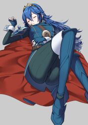 1girls ameno_(a_meno0) ass big_ass black_pants blue_gloves blue_hair blue_shirt breasts cameltoe cape closed_eyes fingerless_gloves fire_emblem fire_emblem_awakening foot_out_of_frame gloves grey_background knee_up long_hair lucina_(fire_emblem) lying on_back pants parted_lips simple_background sleeping small_breasts solo tiara two-sided_cape two-sided_fabric