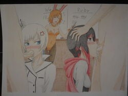 2boys 3girls angry being_watched black_hair blackboard board bunnysuit classroom competition contest cum cum_in_mouth fellatio female male multiple_boys multiple_girls nora_valkyrie oral rooster_teeth ruby_rose rwby score scoreboard submissive submissive_female tally_marks watching weiss_schnee white_hair whiteboard xxsgtcampbell