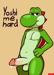 anthro arwokom balls belly big_penis green_yoshi hi_res humanoid_penis looking_at_viewer male male_only mario_(series) nintendo penis precum presenting retracted_foreskin scalie solo standing uncut video_games yoshi