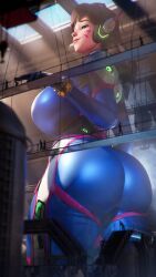 1girls big_ass big_breasts blizzard_entertainment bodysuit brown_hair d.va face_markings giantess huge_ass huge_breasts looking_at_another macro micro micro_people overwatch overwatch_2 scrag_boy scraggy_(artist) smirk thick_thighs tight_clothing touching wide_hips