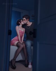 ai_generated bedroom black_hair doorway dress feminization flat_chest high_heels kissing looking_through_door maia_(caught) maia_secretivethoughts male/femboy party secretivethoughts_(artist) short_hair sissification sissy small_breasts stockings taller_male thighhighs tight_clothing