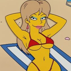 ai_generated beach big_breasts bikini blonde_hair cleavage pink_lipstick posed seductive_look seductive_smile solo_female tabitha_vixx the_simpsons