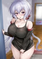 ahoge blush breasts cleavage commentary_request dildo doorway egg_vibrator female grey_hair hair_between_eyes hair_ornament large_breasts long_hair looking_at_viewer low_twintails open_mouth pov_doorway purple_eyes pussy_juice r-binon senki_zesshou_symphogear sex_toy solo twintails very_long_hair vibrator yukine_chris
