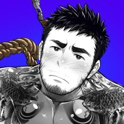 1:1 1boy artisticjinsky bara beard_stubble black_and_white blue_background blush blushing_profusely carp_tattoo collarbone dark_hair frown gay hi_res looking_at_another looking_at_viewer looking_up male male_only manly mature_male muscles muscular muscular_male mustache_stubble no_visible_genitalia original original_character pecs rope short_hair sideburns spiky_hair tattoo tattoo_on_chest thick_eyebrows topless tough_guy yakuza_tattoo yaoi