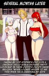 1boy 2girls 3d age_difference aged_up clothed crop_top fatallyobsessed green_eyes grey_eyes hotpants jaune_arc low_quality outside pregnant professor_arc pyrrha_nikos red_hair rwby sfw tagme weiss_schnee white_hair