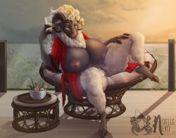 anthro balcony big_breasts bovid breasts caprine champagne_glass clothed clothing cloven_hooves container cup curved_horn detailed_background domestic_sheep drinking_glass ear_piercing ear_tag ewe female fur genitals glass glass_container glass_cup green_eyes hooves horn huge_breasts mammal mature_female neck_tuft nipples noelleneko original_character outside partially_clothed piercing pussy robe sheep sky solo sunset tuft white_body white_fur wool_(fur)