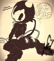 2boys ass balls bendy bendy_and_the_ink_machine boris_the_wolf cartoony character_name demon_tail femboy ink inky male male_focus male_only male_pov text toony