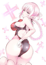 ass breasts daive fate/grand_order fate_(series) feet florence_nightingale_(fate) full_body gloves highres large_breasts long_hair looking_at_viewer nipples open_mouth pink_eyes pink_hair swimsuit tied_hair white_gloves