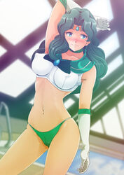 1girls arm_behind_head armpits bikini bishoujo_senshi_sailor_moon blue_eyes blush bra breasts buruma cameltoe choker closed_mouth clothed collarbone elbow_gloves erect_nipples female female_only gloves green_buruma green_eyes green_hair green_neckwear groin gym_uniform highres large_breasts looking_at_viewer michiru_kaiou midriff nanashi_noiji navel nipple_bulge nipples nipples_visible_through_clothing panties pointy_nipples pool pose sailor_collar sailor_neptune sailor_outfit sailor_uniform shiny shiny_hair shiny_skin small_breasts smile solo swimsuit tiara wavy_hair white_gloves