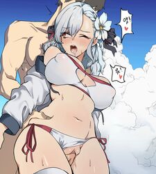 1boy bangs banssee bare_shoulders bikini black_ribbon blue_sky blush breasts cloud drooling erect_nipples eyebrows_visible_through_hair female flower fxgnhtc7ed7nr6d girls'_frontline hair_flower hair_ornament hair_ribbon heart highres large_breasts long_hair muscle navel one_eye_closed open_mouth outdoors penis pussy pussy_juice red_eyes ribbon saliva sex short_hair side-tie_bikini silver_hair sky spas-12_(girls'_frontline) spoken_heart standing standing_sex stomach sweat swimsuit tearing_up trembling twintails vaginal_penetration white_bikini