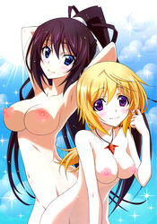 2girls black_hair blonde_hair blue_eyes charlotte_dunois highres infinite_stratos multiple_girls nipples nude purple_eyes shinonono_houki